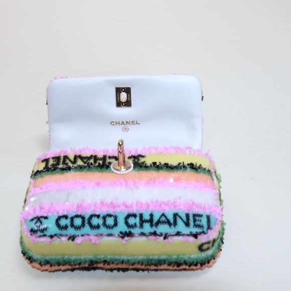 ❌SOLD❌Chanel Mini Multicolor Minaudiere Sequin Stripe Logo Summer Leather Bag - Picture 10 of 11